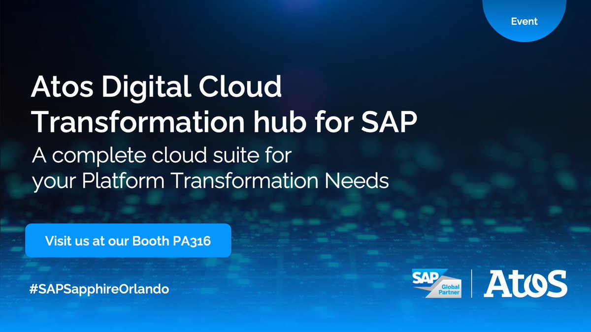 Atos's tweet photo. Atos Digital Cloud Transformation Hub for SAP- A trusted move to #Cloud and #S4HANA that speeds up, simplifies & de-risks your #digitalcloudtransformation.
Innovate & empower digitally with us π https://t.co/u2Pyj41Pky
#Sapphire2022 #SAPSapphireOrlando https://t.co/0NjWpFcOLV