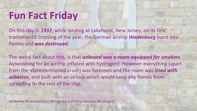 PAGroupUK's tweet photo. #asbestos #FunFactFriday #Hindenburg #blimp #airship #hydrogen https://t.co/h36YytDgUU