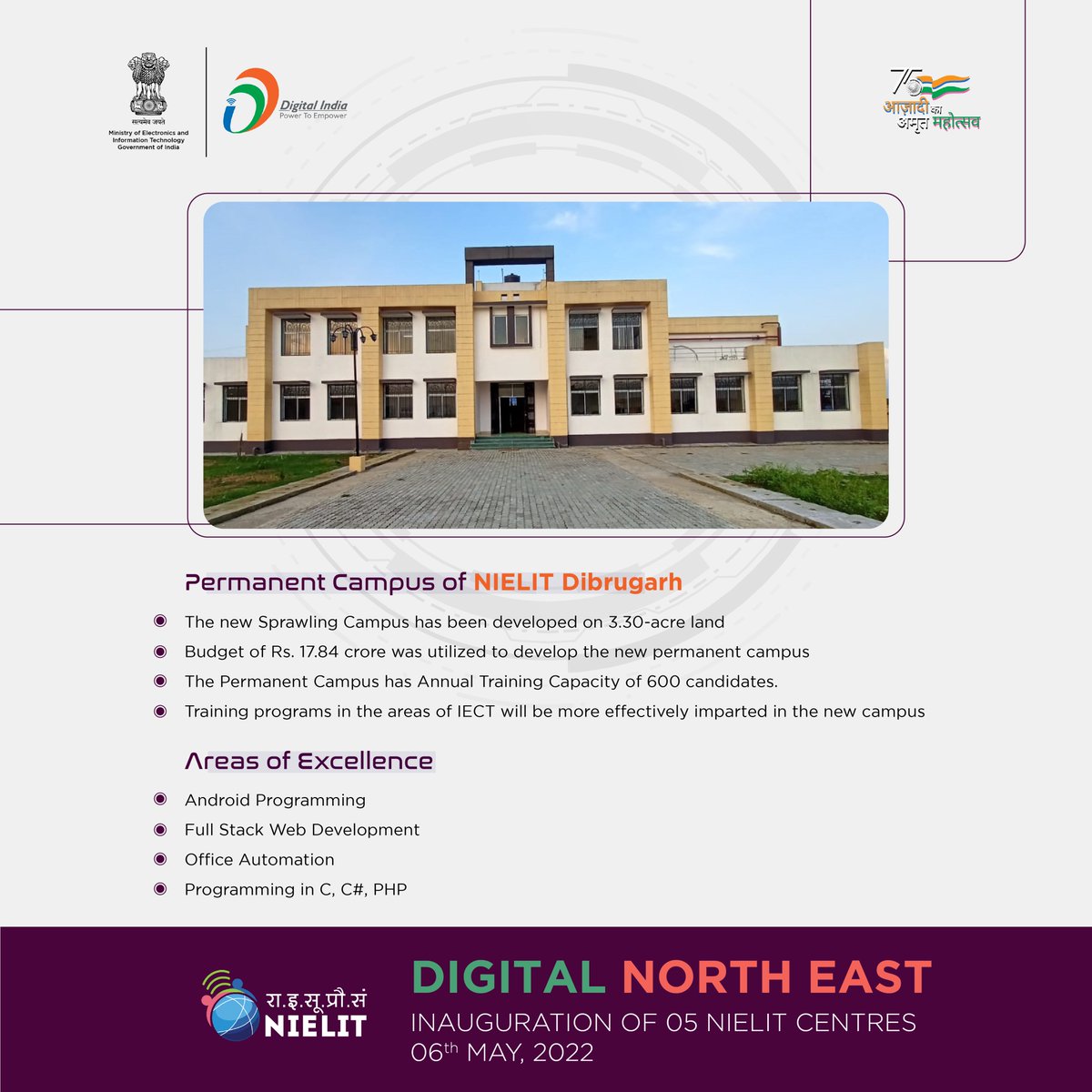 NIELITIndia's tweet photo. #NIELIT Dibrugarh was established in the year 2017 to cater the skilling needs of local youths. Now a new campus has been developed at the 3.30-acre land to provide skilling, reskilling &amp; upskilling in the areas of #IECT . #DigitalNorthEast #DigitalIndia https://t.co/7jzGAq0Yct