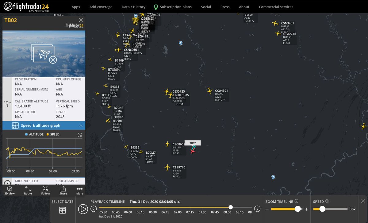 Prova_61's tweet photo. .@812Z_ Some research on the TB-001 found that one flew a 5 hour fire observation mission on 31/12/20 from Zigong Fengming -> https://t.co/p4vczRzzsf And here it is on FR24 using hex #FF0002 c/s TB02 cc @ameliairheart https://t.co/U5P1IQMFvj