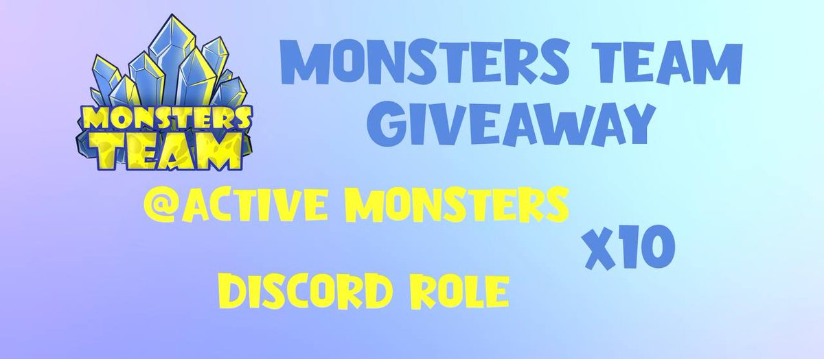 We have a new giveaway, the winners will get the role of 🔝Aсtive Monsters discord. 
You have to meet all the conditions of the giveaway!🚀
1. Follow <a href="/_Monsters_Team/">Monsters Team</a>
2. Retweet &amp; Like &amp; Tag 5 friends
3. Discord discord.com/invite/d5Cp6Jk…
4. Fill out form forms.gle/roX1Q8ev4JHtoW…🎁