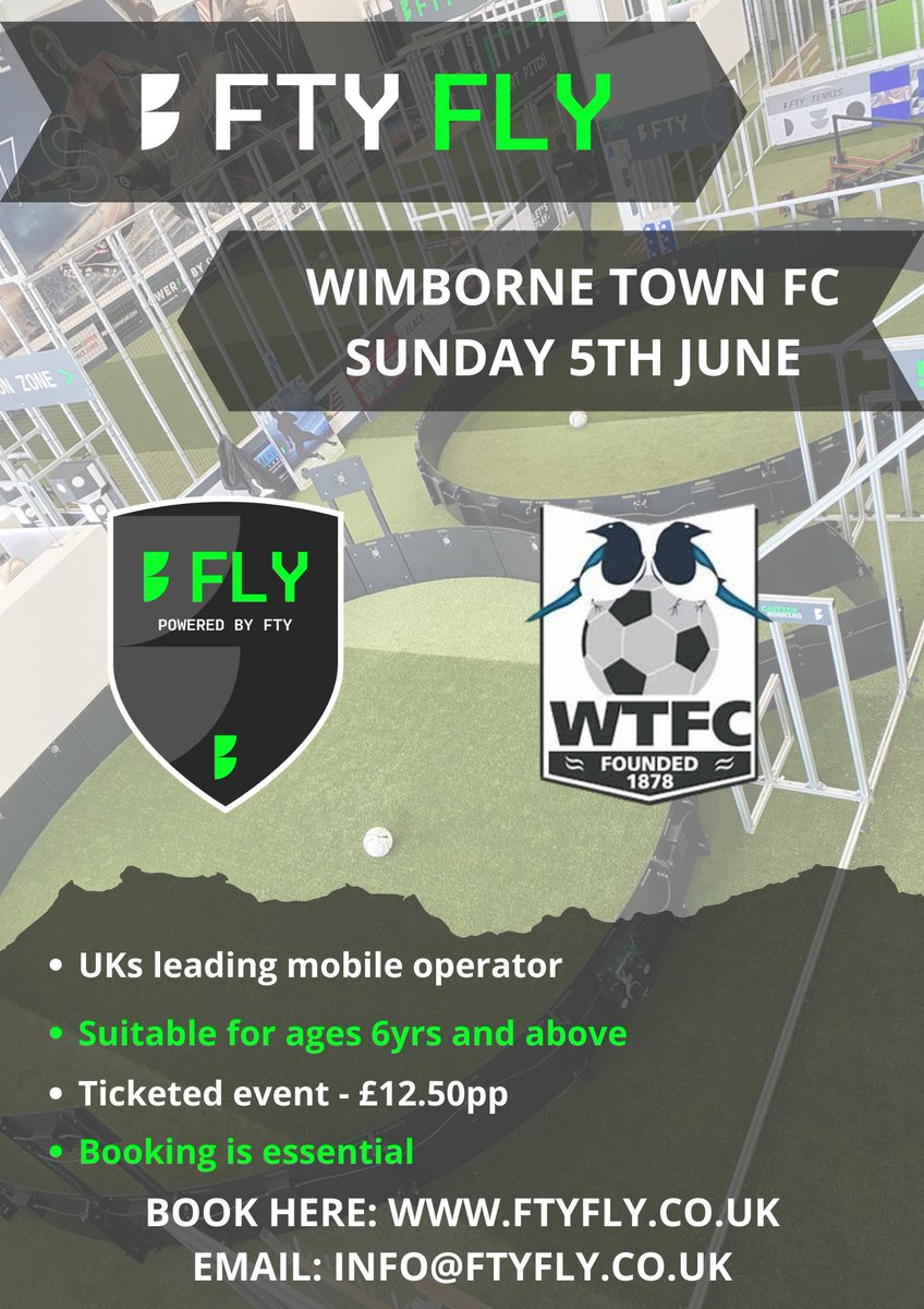 FTYFLYUK's tweet photo. Looking forward to the jubilee celebration @WimborneTownFC on June 5th. Come and test your skills on the latest technology football has to offer. Slots still available.
@WimborneTownDC @WTFCRes1878 @WimborneTownFC
#ftyfly #Wimborne #football https://t.co/pEfsV5zIkN