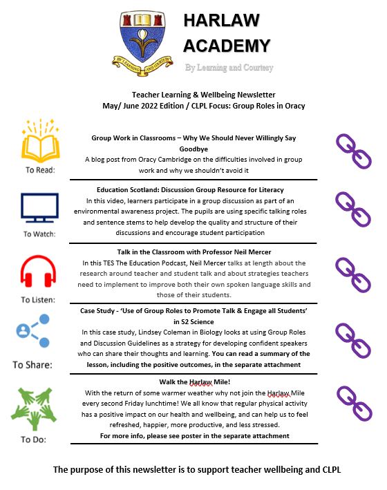 Welcome to the Harlaw Learning &amp; Teaching Twitter! 

Our May/ June T&amp;L Newsletter has been sent to all staff and includes our regular Read, Watch, Listen, Share and Do.

In this edition we are looking at the importance of Group Roles in Oracy <a href="/Excelerate_TWF/">Excelerate</a> <a href="/OracyCambridge/">Oracy Cambridge</a>