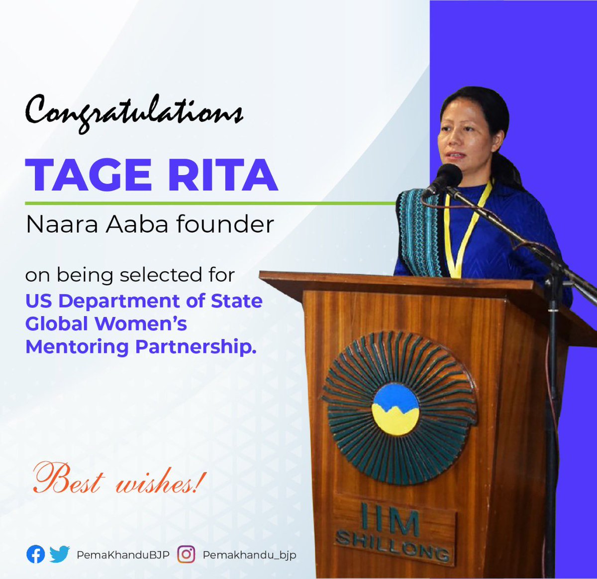 PemaKhanduBJP's tweet photo. Sweet success! Congrats Tage Rita, founder of @Naara_aaba, on being nominated for US Dept of State Global Women's Mentoring Partnership.

Rita has done exemplary work of promoting wine made out of exotic fruits of Arunachal Pradesh &amp; creating sustainable livelihood for locals. https://t.co/IagTZXZ4bR