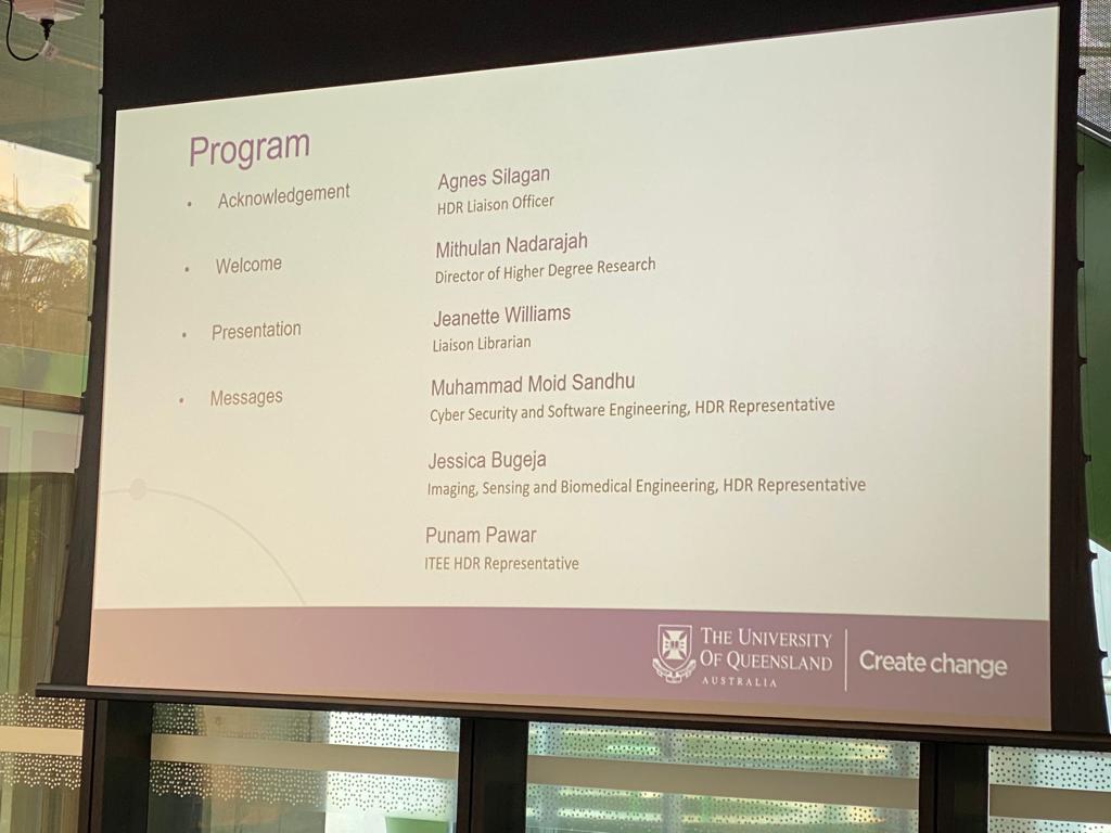 MoidSandhu's tweet photo. Happy to share my experience as a senior PhD student and a CSSE representative at ITEE HDR Meet and Greet RQ2 2022. #UQ @UQSchoolITEE https://t.co/YpjWl3mE7w