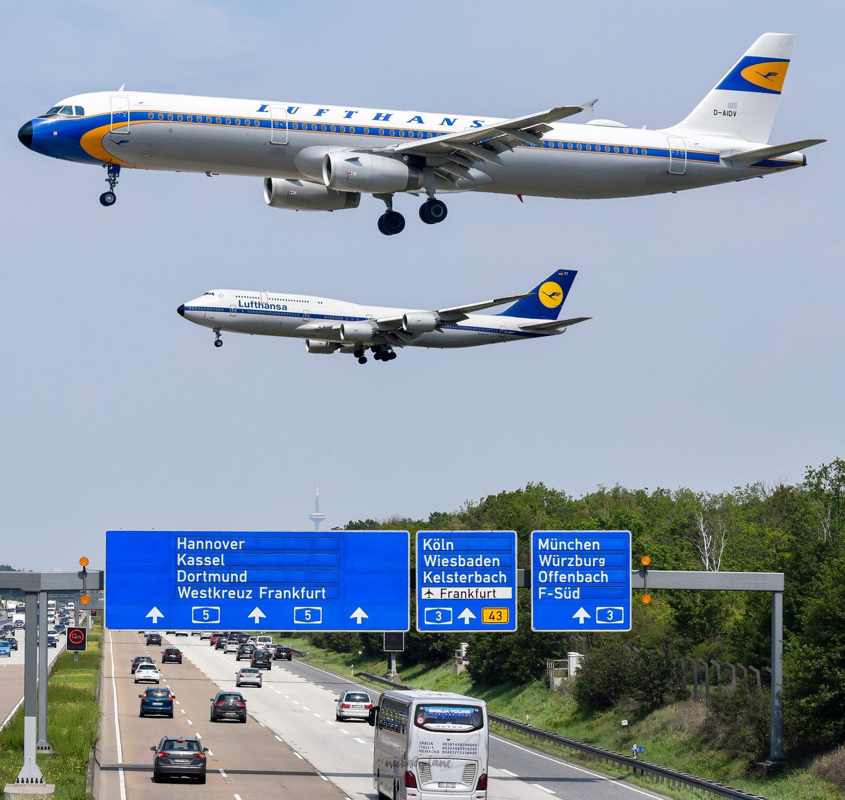 One of my best composition.

<a href="/lufthansa/">Lufthansa</a> both retro liveries coming in over Zeppelinheim (FRA, frankfurt am main airport) #lufthansa #airbus #boeing #a321 #b747 #queenoftheskies #frankfurtairport #frankfurt #aviation #lh