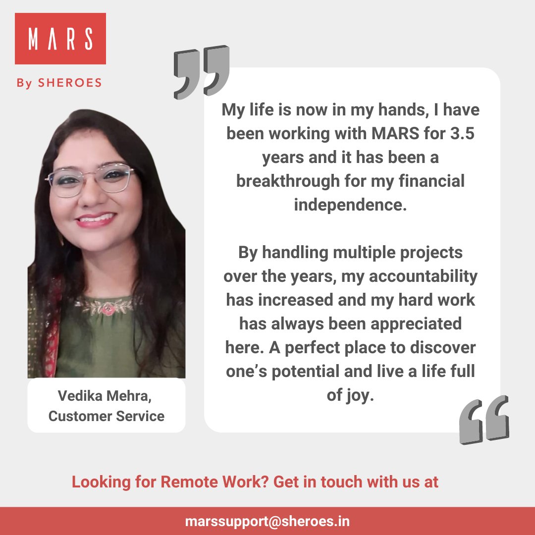 We are happy to be a part of Vedika Mehra's journey in achieving her financial independence and are looking for more women to join us.

Do share your CV with us at marssupport@sheroes.in for #remotework opportunities in #india.

#MARSbySHEROES #sheroes #women