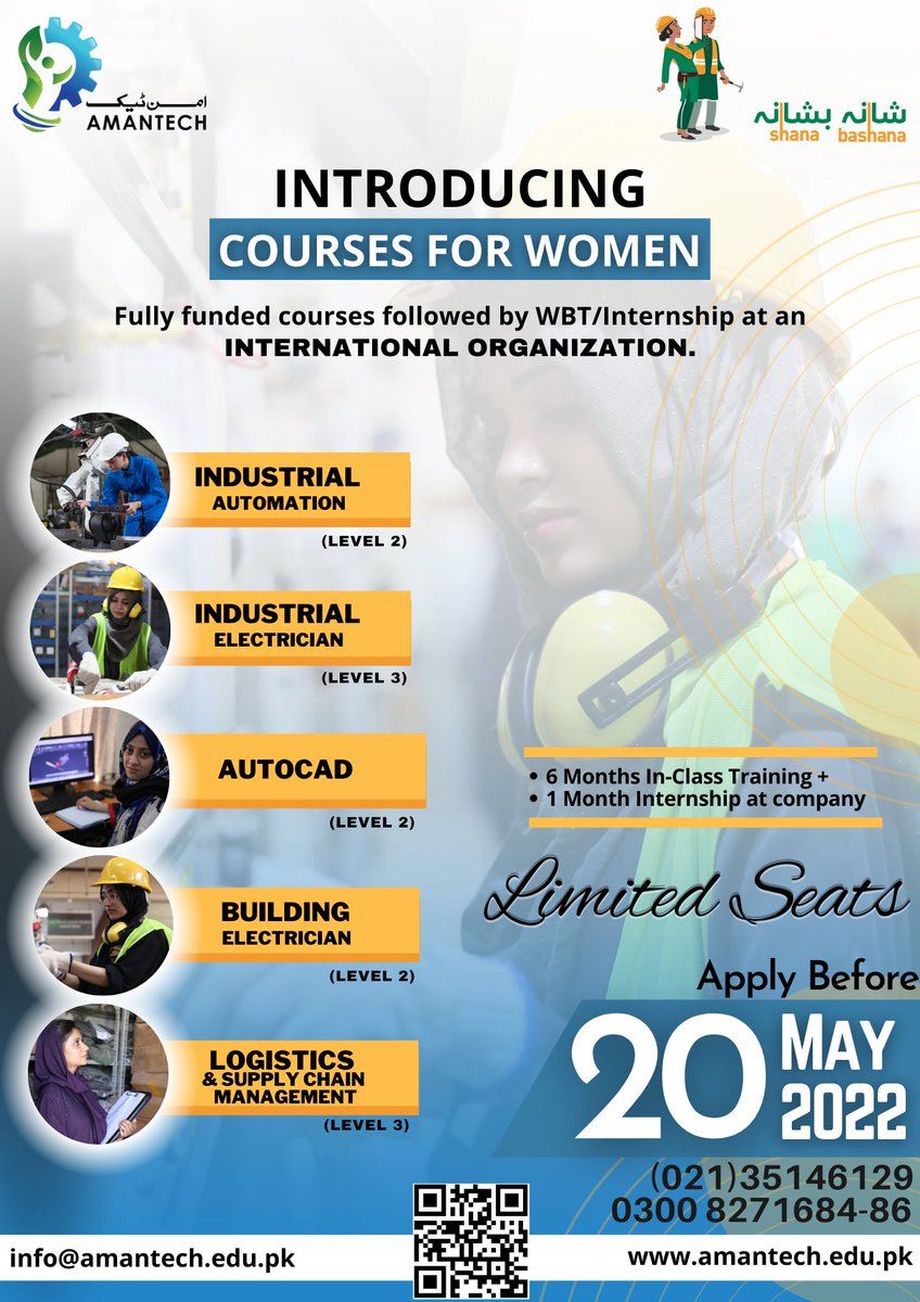AmanTechAIVT's tweet photo. AMANTECH is calling for enrolment in following courses for women.
"LIMITED SEATS"
The deadline to apply is May 20, 2022
Visit us at:
27/A, Mehran Town, Sector 16, near Vita Chowrangi, Korangi Industrial Area, Karachi
#AMANTECH #ShanaBashana
#skills #career #vocationaltraining https://t.co/Y909Ga3CT5