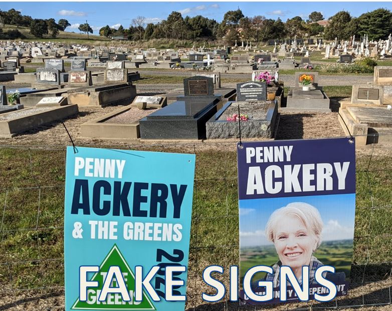 PennyAckery's tweet photo. This is a cowardly and senseless attack. Fake signs put on the very fence of the graveyard where I buried my husband, just weeks ago. Spreading misinformation about the #independents as part of a coordinated campaign. Thanks to my supporters for getting these signs down by midday https://t.co/nYfcIlvWH2