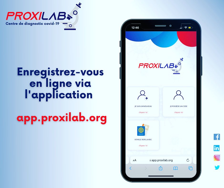 PROXILAB1's tweet photo. Tout savoir sur l'enregistrement en ligne à Proxilab tapez 👉https://t.co/5qFbRMaGjc

#centredediagnostic #covidvoyage #enregistrementenligne #kinshasa #dépistage #testrapide #testpcr #santé #test #voyage #laboratoire https://t.co/yriKMjeZih