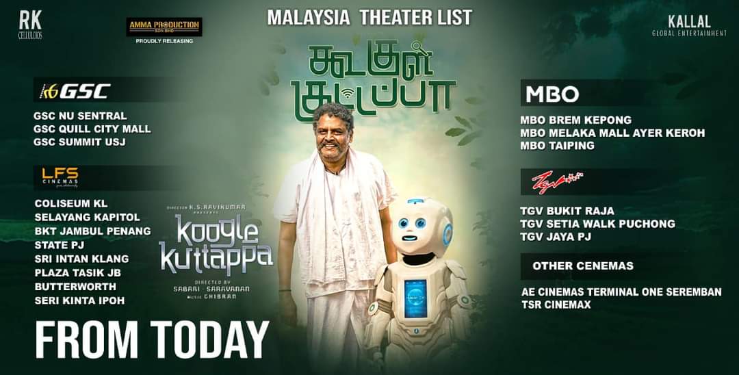 MalaysiaTickets's tweet photo. @TharshanShant #Losliya #KSRavikumar sir and @iYogiBabu starrer #KoogleKuttappa releasing today in Malaysia 🇲🇾

Cinema Locations - 20 Locations.

Malaysia release by #AmmaProductions https://t.co/93I5Fl7teL