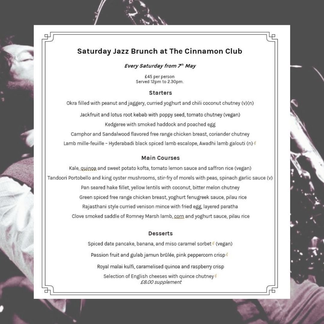 Saturdays at the club are about to get a jazzy twist! You can now feast on a specially curated 3 course menu inspired by old school jazz at only £45 per person. Book Now: tinyurl.com/2p8hfs6m
#jazzmusic #saturdaybrunch #indianfoodlover #westminster #londonfoodies