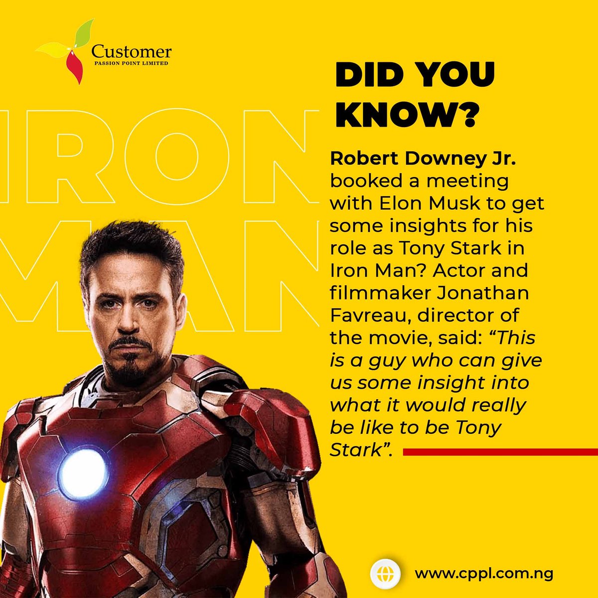 cppltraining's tweet image. We may just have a real life Tony Stark amongst us.#cpplnigeria #cppltrainingprograms #business #businessmanagement #Elon #ElonMusk #ironman #TonyStrrk #RobertDowney jr #language #variety #TGIF #April #cppl  #valuecreationmindset #visionary #branding #metrics #design