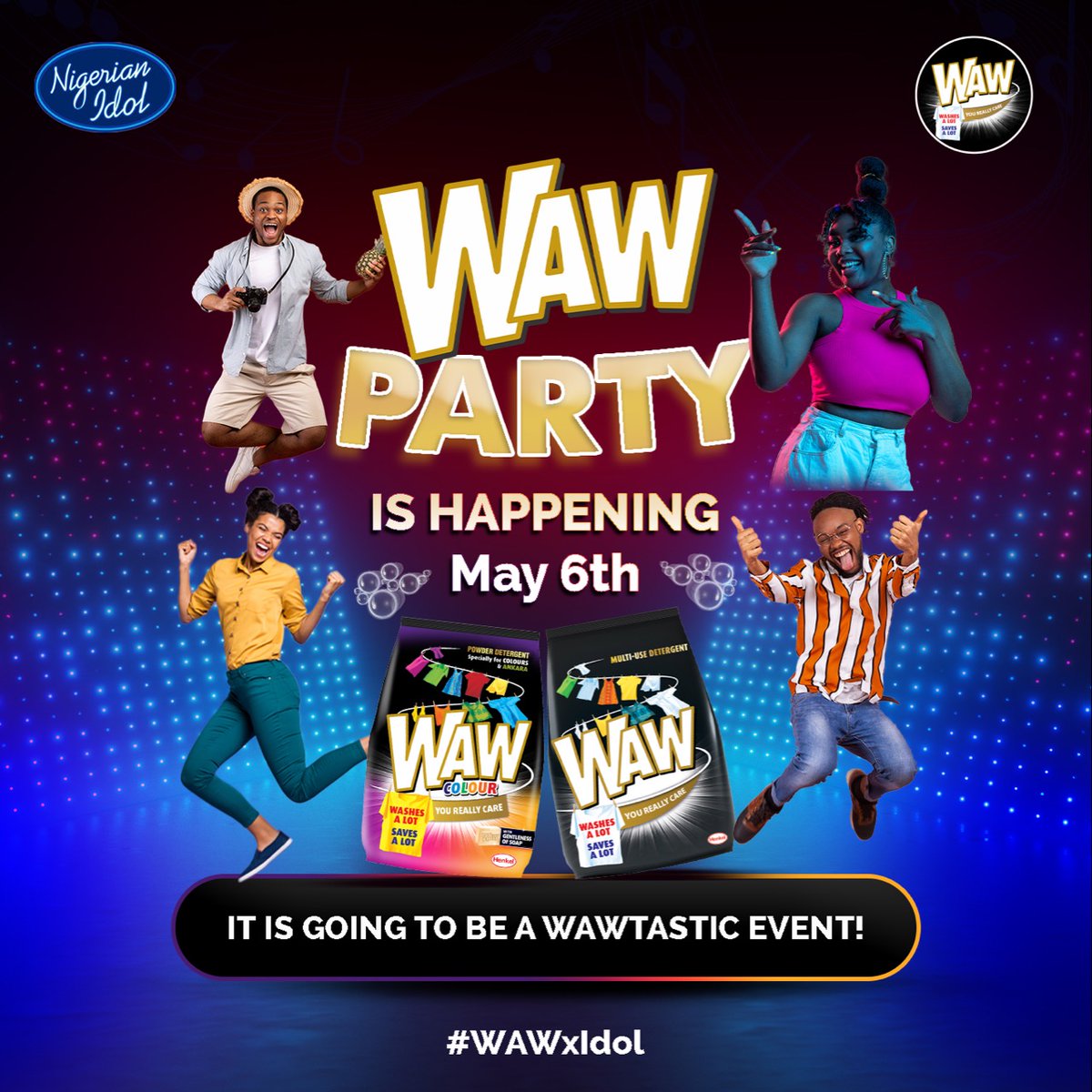 wawnigeria's tweet photo. Today is the #WAWParty, its  going to WAWmazing! The turnup happens today.
Are you ready for a good time?

#WAWNigeria #WAWDetergent #WAWClassic #WAWColour #PreservesColours  #Laundry   #NigerianIdol #WAWParty #Party #WAWxIdols https://t.co/SBbckv6FWc