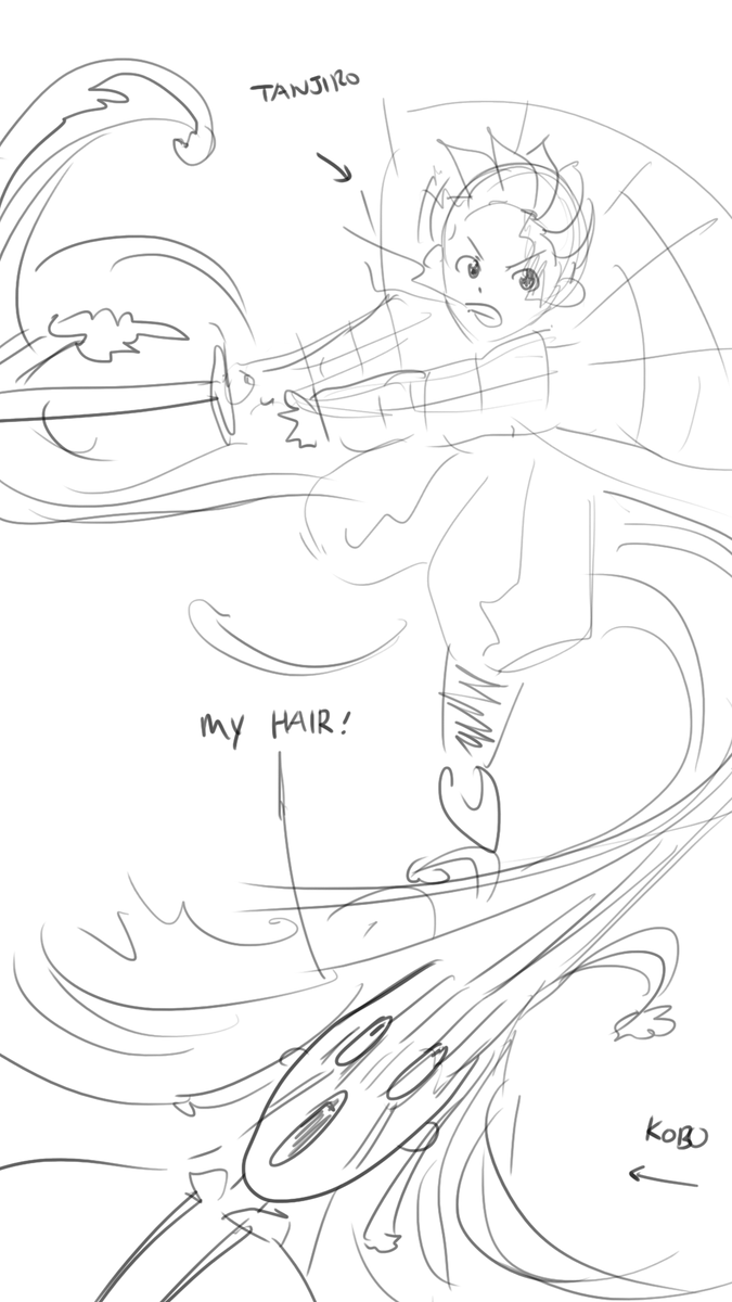 was thinking what if demon slayer scene the water breathing technique is actually KOBO's hair being pull extensively....