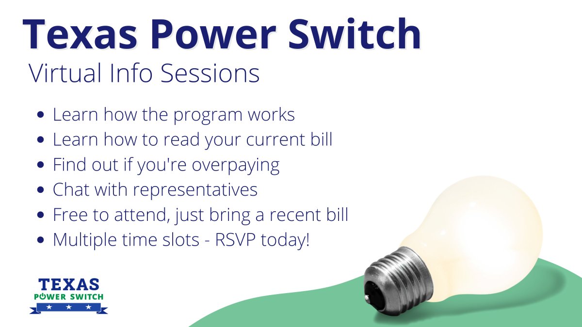 TXPowerSwitch's tweet image. Would you like to participate in the Texas Power Switch, but have questions about how it works? We're here to help! ⚡

Attend one of our online information sessions and have your questions answered by a Texas Power Switch representative.

RSVP today at: bit.ly/TPS15_BringYou…