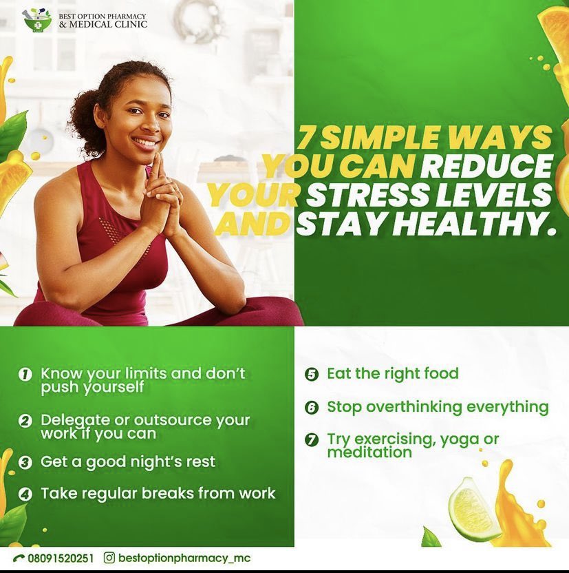 BestOptionPharm's tweet photo. Body no be firewood”.if you don’t find simple sustainable ways to manage your stress, your body will suffer because of it. So,it is vital that you do your best to recognize when you’re getting stressed out and take a break.Whether,it’s work, relationship or family related stress https://t.co/UiSTjqanlz