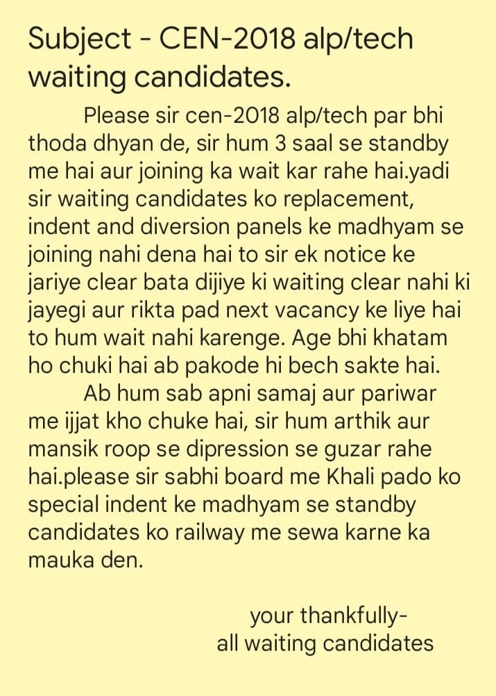 vikashk67915141's tweet photo. #RailwaY_WaitinG_CleaR_KarO
Please look into matter CEN 01/2018 ALP AND TECHNICIAN
@AshwiniVaishnaw 
@EastCoastRail @EcorPersonnel @DRMSambalpur @DRMKhurdaRoad @rrb_bbsr @AprajitaSarangi @pcsarangi @TheLallantop @RailMinIndia @PMOIndia @TheLallantop https://t.co/9sCj0SL48H