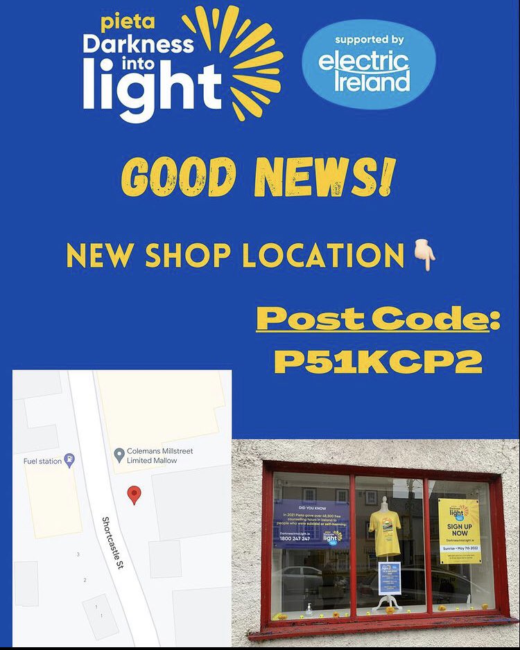 D2LMallow's tweet photo. Pop Up Shop open today 11-6. Sign up for #DIL2022 #Mallow Sunrise on Saturday. Walk starts at 4.15am, Meet @mallowcollege West End between 3.30am and 4am. Gates will close at 4am to allow a clear path for the event to start. #ElectricIreland #PietaHouse #SuicidePrevention https://t.co/8wLCNzcP3s