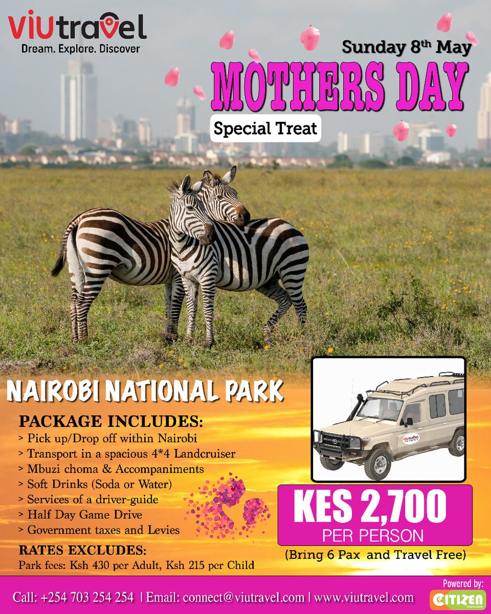 Viutravel (@viutravel) on Twitter photo 😎Don’t be left out this Mother’s Day, We have a Half Day package like no other! Tembeza Mama Nairobi National Park , Enjoy Mbuzi Choma and accompaniments.
🏷️Ksh 2700 Per Person
🖥️Online: viutravel.com
📱Call us: 0703254254
📧E-mail: connect@viutravel.com 😎Don’t be left out this Mother’s Day, We have a Half Day package like no other! Tembeza Mama Nairobi National Park , Enjoy Mbuzi Choma and accompaniments.
🏷️Ksh 2700 Per Person
🖥️Online: viutravel.com
📱Call us: 0703254254
📧E-mail: connect@viutravel.com