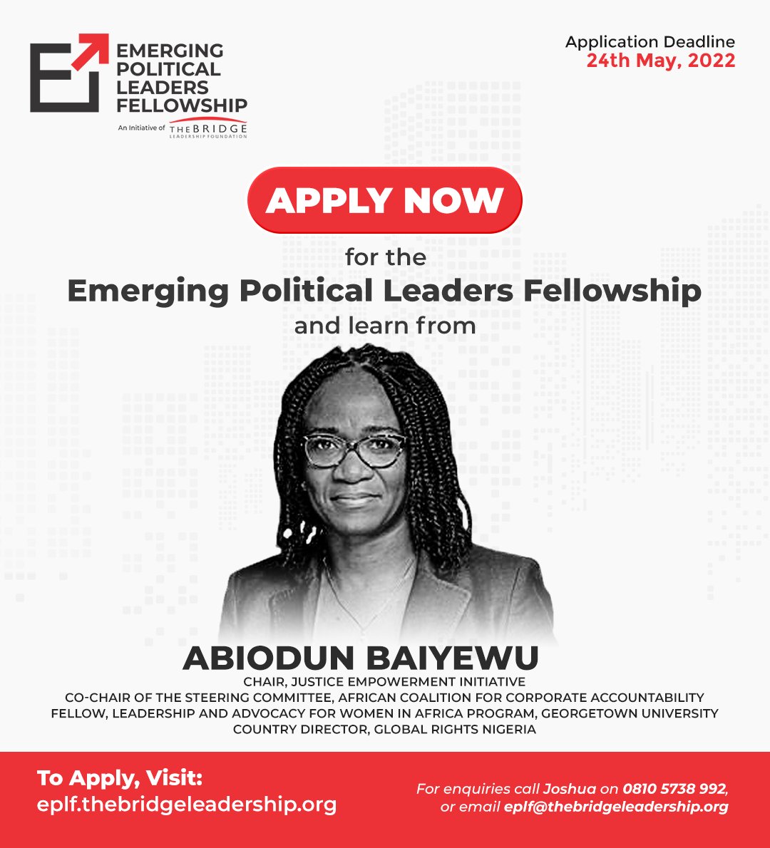 TBLFoundation's tweet photo. Are you an emerging leader who is active in mainstream politics in Nigeria with a proven track record of service within a community or region and in Nigeria? 

This fellowship is for you! To apply, visit https://t.co/gXEU4h9Gyx
Application Deadline: May 24, 2022
#EPLF2022 #share https://t.co/hp7YXZkp1A