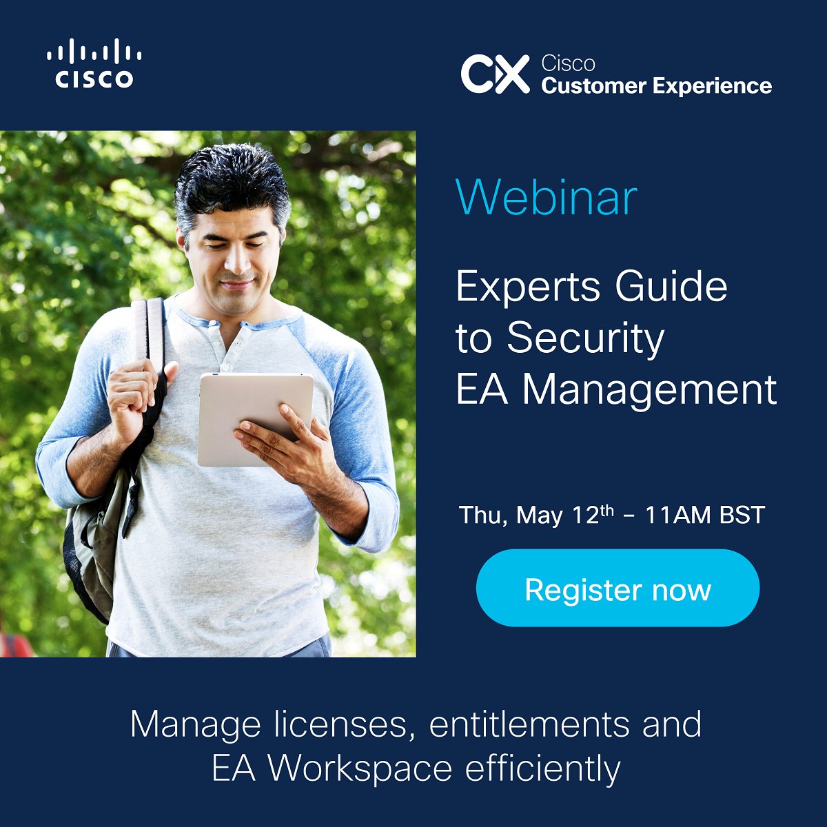 CiscoCommunity's tweet photo. Don't miss the opportunity and register today ✅ https://t.co/KTGr5fWihf to get the most out of Cisco Enterprise Agreement with our free webinar on 📆 12th May at 11:00 AM BST. #CiscoSecure #CiscoEA #EnterpriseAgreement https://t.co/RLVxYXNW5i