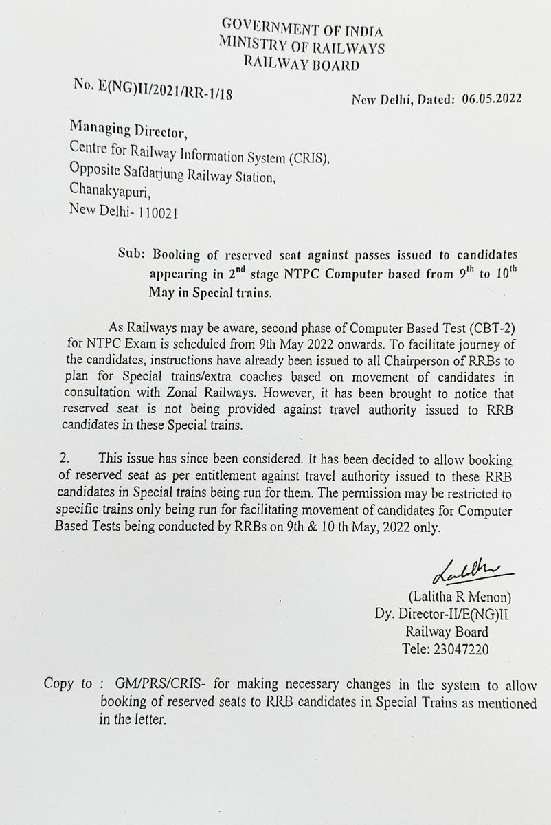 MuzaffarpurRrb's tweet photo. Booking of reserved seat against passes issued to candidates appearing in NTPC CBT 2 scheduled on 9th and 10th of May'2022. https://t.co/T5x4LIFyGT