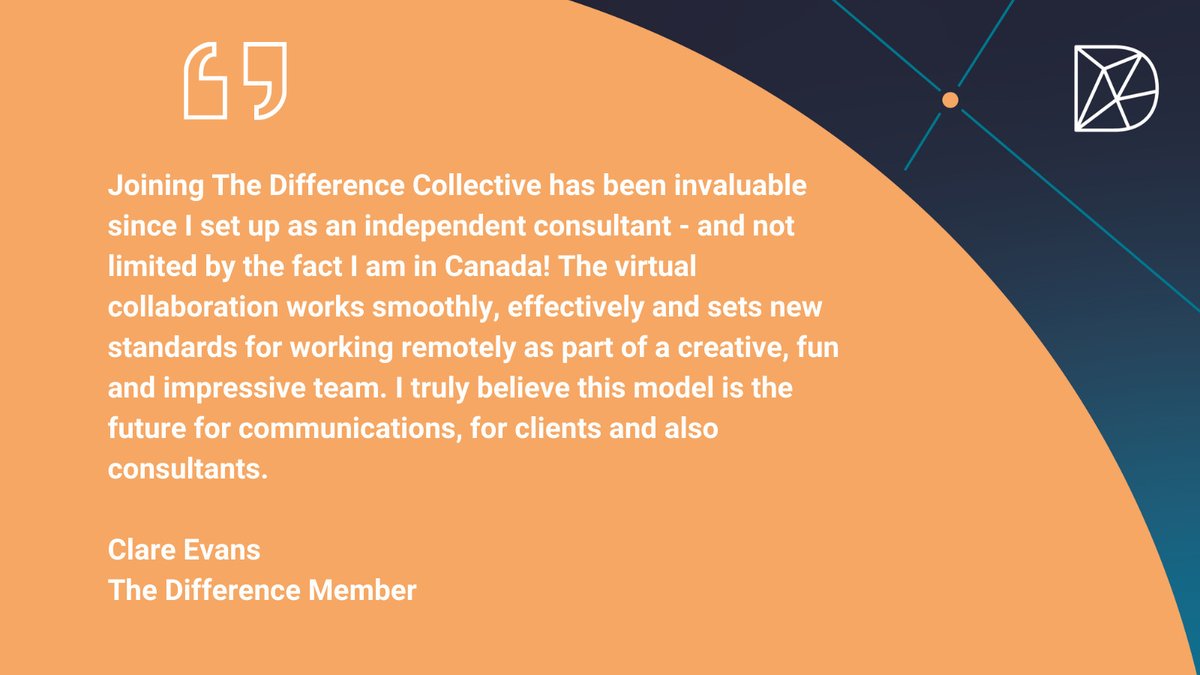 HelloDifference's tweet photo. "I am in Canada but the virtual collaboration at The Difference sets new standards for working remotely. I truly believe this model is the future for communications, for clients and also consultants." Contact us if you want to join @ClareEvans #DeliveringDifferently https://t.co/SSlGj5mCZw