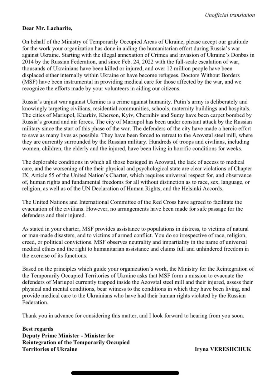 avalaina's tweet photo. Ministry of Reintegration calls on Doctors without border to organise a mission to Azovstal to evacuate Ukrainian defenders. Neither the UN, nor the Red Cross have taken the responsibility of evacuation of wounded soldiers which are under protection of international law
#Mariupol https://t.co/jFdTgd3m3z
