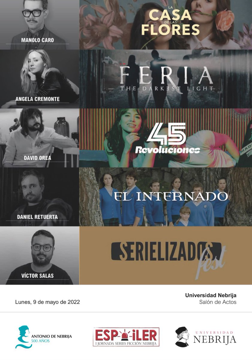 FcaNebrija's tweet image. #EspoilerNebrija

¡El lunes 9 de mayo @Nebrija se viste de SERIES!

Celebramos desde @fcanebrija #EspoilerNebrija, la I Jornada de Series de Ficción.

¡Arrancamos por todo lo alto contando con los siguientes invitados y podréis acudir alumnos y todo aquel que quiera visitarnos!