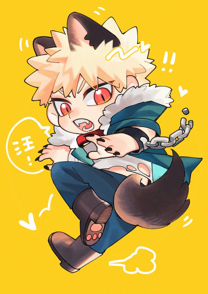 bakugou katsuki male focus animal ears tail 1boy yellow background spiked hair red eyes  illustration images