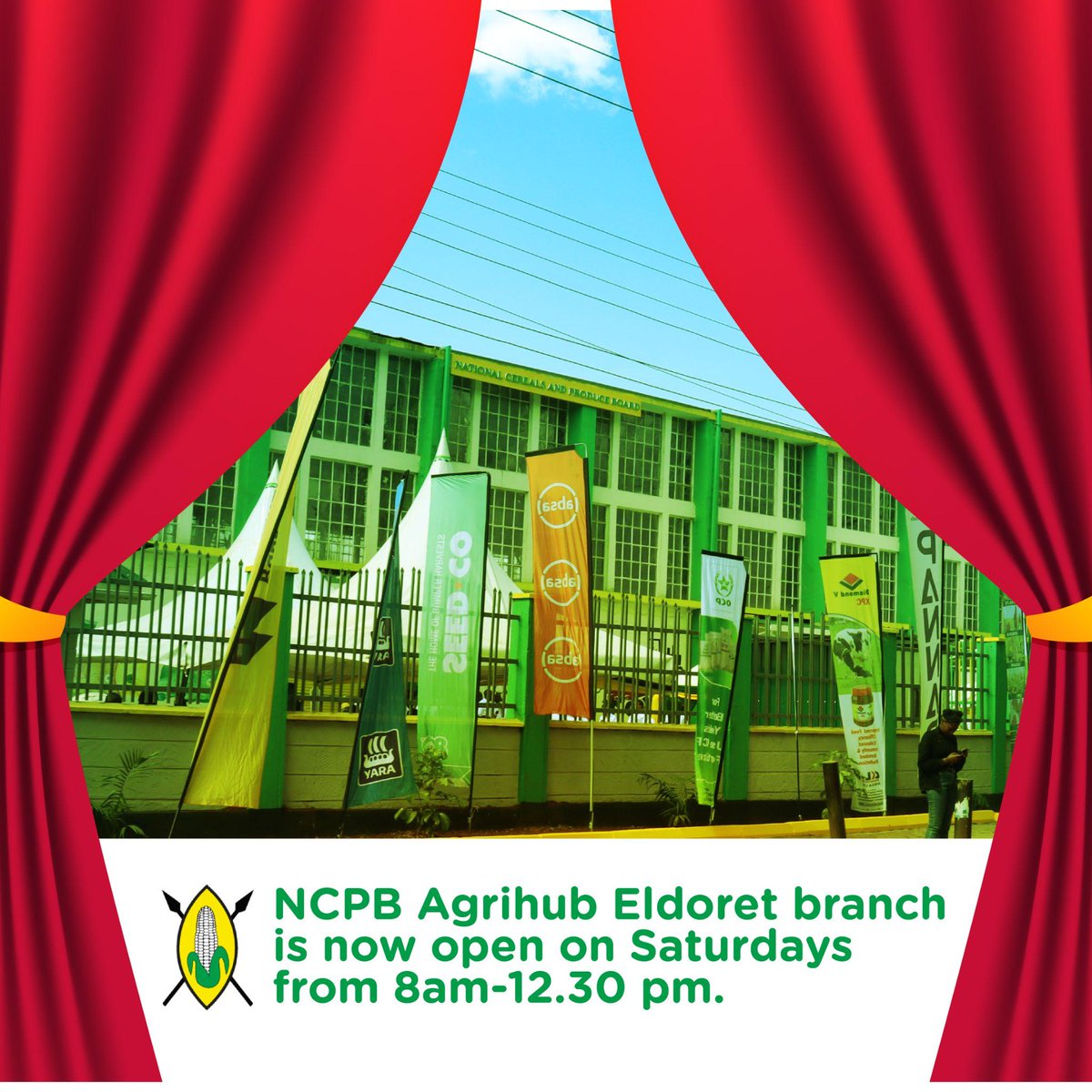 NCPB_KE's tweet photo. Eldoret Agri-hub is now open on Saturdays too.
We are committed towards ensuring our services are easily accessible to most farmers.
#NCPB #NCPBReforms https://t.co/qy91Vn61Zm