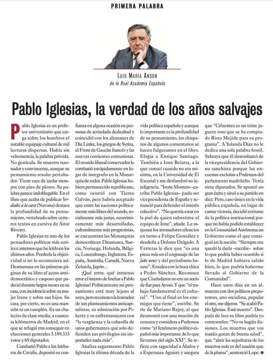 juanjtortosa's tweet photo. Luis María Ansón: "Pablo Iglesias es uno de los pensadores políticos más sutiles e intensos que he leído en los últimos años. Perdería la objetividad si no lo reconociera así" https://t.co/i5T56n3zwS