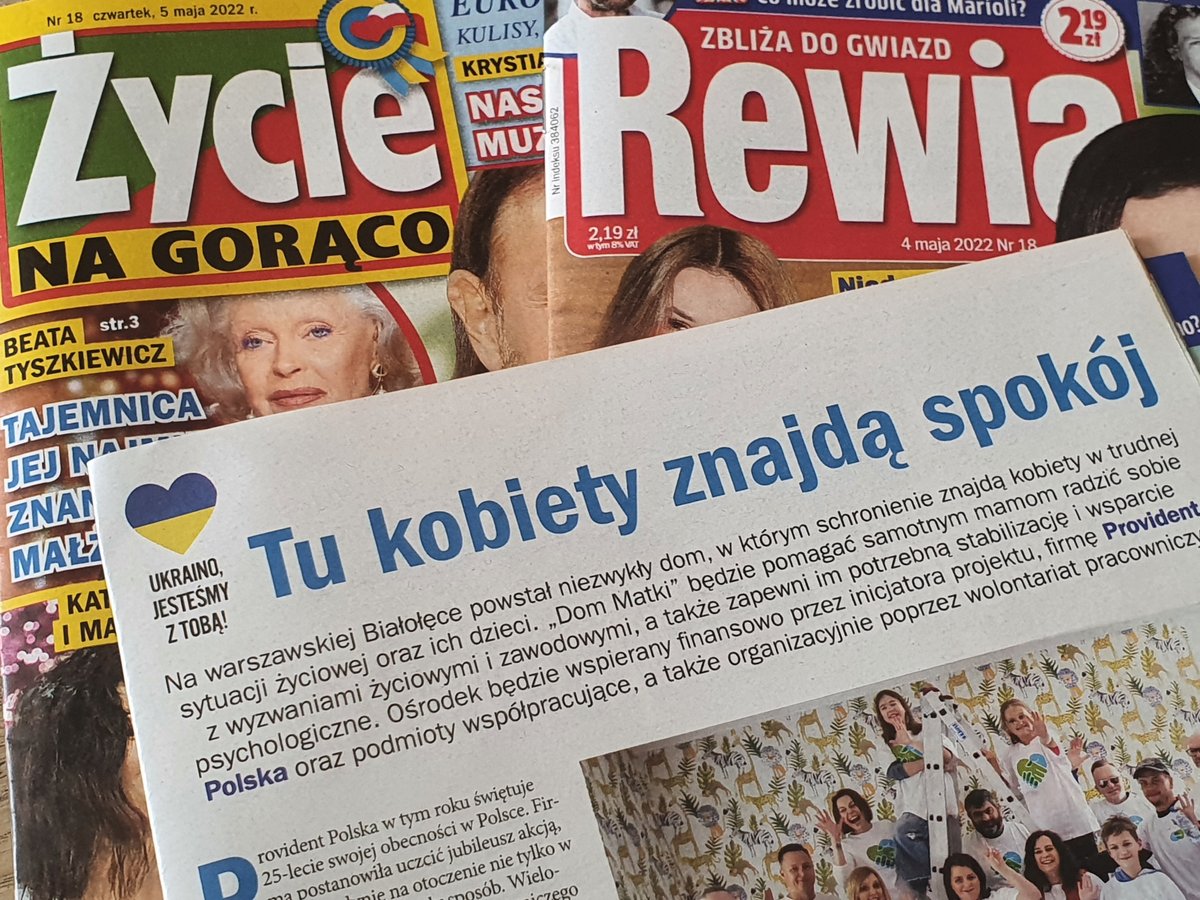 Provident_PL's tweet photo. 📰 O naszym #DomMatki piszą dziś dwa popularne tygodniki! To projekt na lata - teraz posłuży uchodźcom z #Ukraina a potem innym potrzebującym kobietom. O pomyśle i realizacji przeczytacie w "Życiu na gorąco" i "Rewii". https://t.co/diW0qI9M1k