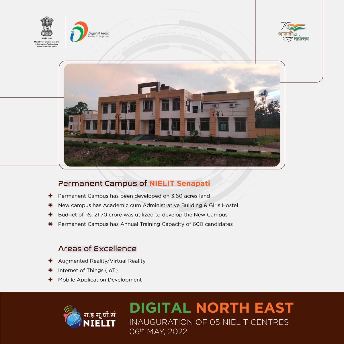 NIELITIndia's tweet photo. A new campus of #NIELIT Senapati has been developed on 3.60 acres land with the Annual Training Capacity of 600 candidates. The permanent campus shall cater the #skilling needs of the local youths with the objective of providing “Opportunities to All”. #DigitalNorthEast https://t.co/qx2bMxmQ6I