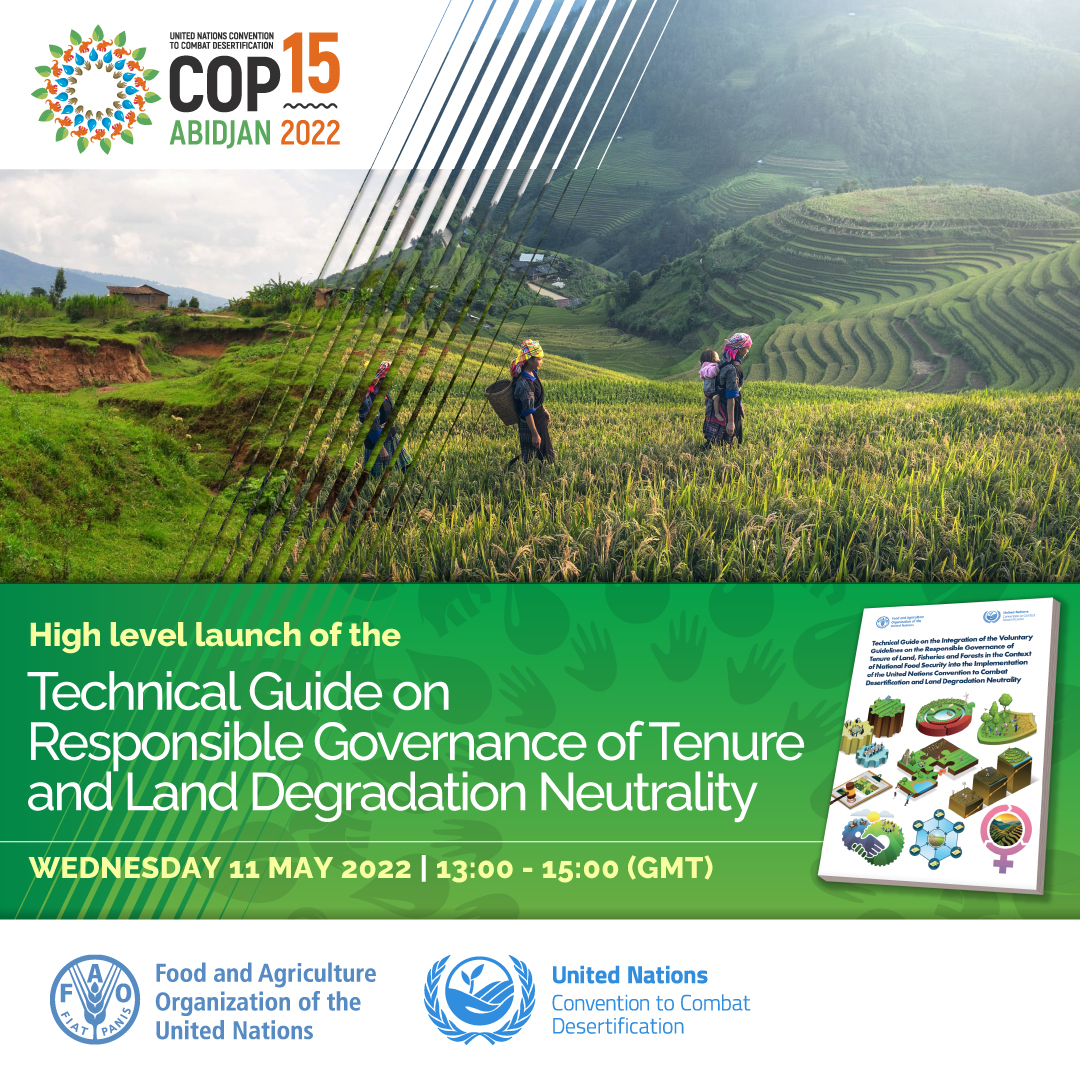FAOLandWater's tweet photo. The @FAO-@UNCCD #LandTenure technical guide on integrating #VGGT into the implementation of UNCCD &amp; #LandDegradationNeutrality will be launched at #UNCCDCOP15 on 11 May.  

Join the high level event in person in Abidjan or virtually!

More info 👉 https://t.co/lN09heLhrp https://t.co/scnDsKvq0V