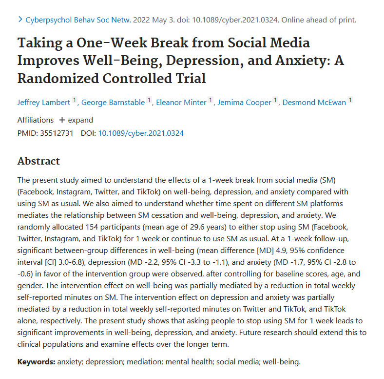 Neuro_Skeptic's tweet photo. "Asking people to stop using social media for 1 week leads to significant improvements in well-being, depression, and anxiety." https://t.co/JkCkDouBc8 We also need to test effects of asking people to increase their use... or would that be unethical? https://t.co/rq37eUJw08