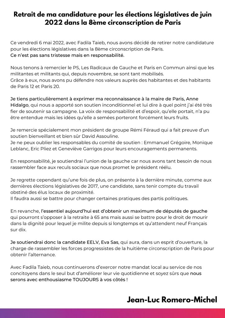JeanLucRomero's tweet image. Avec @FadilaTaieb, nous retirons notre candidature aux élections législatives dans la #circo7508 de #Paris12 et #Paris20.
Merci aux militantes et militants pour tous ces beaux moments où nous avons pu défendre nos valeurs.
Nous restons plus que jamais #ToujoursAVosCôtés !
#NUPES