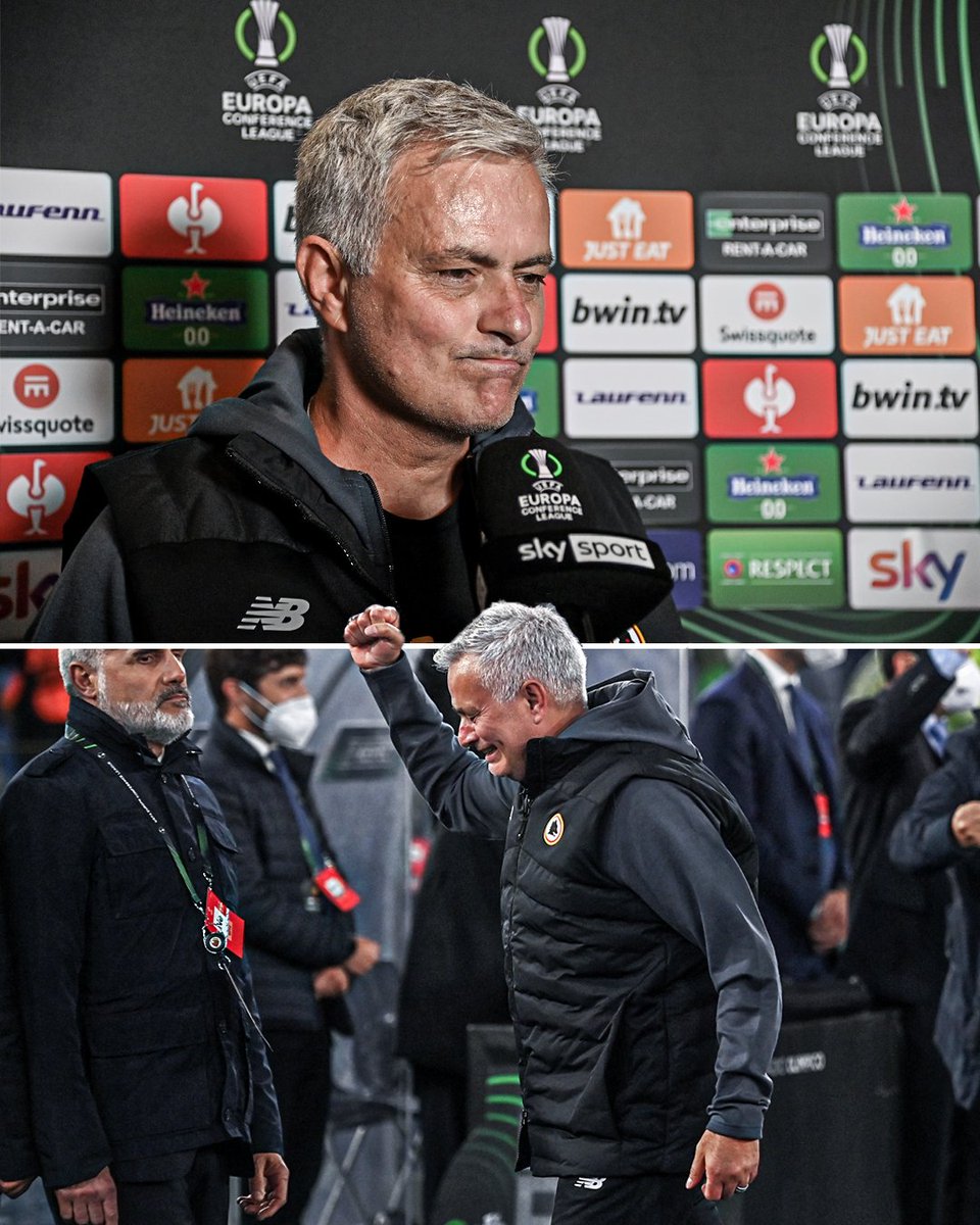 ESPNFC's tweet photo. Jose Mourinho couldn't hold back the tears after becoming the first manager to reach the Champions League final, Europa League final and the Conference League final ⭐ https://t.co/NzpBLpaEEp