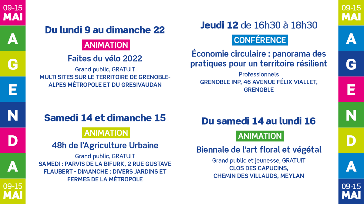 GreenGrenoble22's tweet photo. 🗓️ Découvrez l'agenda de la semaine du 9 au 15 mai
Au programme :
- de nombreuses animations pour célébrer notre compagnon à deux roues 🚲
- de l'agriculture urbaine 🧑🌾
- de l'art floral 🌸
- un conseil scientifique 🥼
👉 Retrouvez nos évènements sur : https://t.co/rDxbrXqQfc https://t.co/IbI3fX5wJF