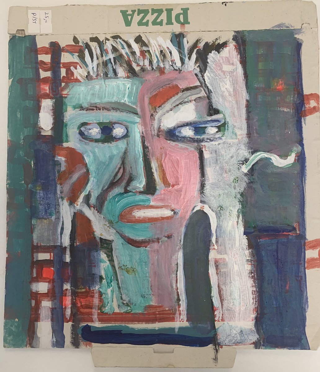 Jaap Nederlof (1937-2020) wreef z’n kwasten altijd schoon op pizzadozen. Die gewoonte groeide uit tot kleine kunstwerkjes. Daar hebben wij er nog een aantal van in beheer en ze zijn voor de liefhebber te koop voor € 25.= per stuk.
