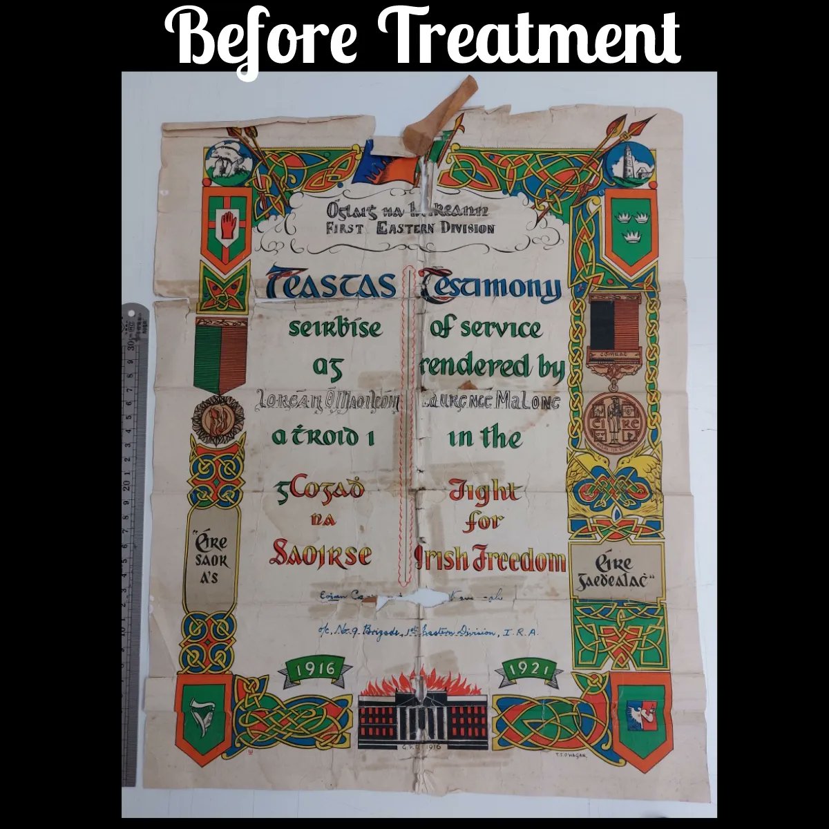 paperworksliz's tweet photo. #Conservation of a family certificate. The cert suffered damage during storage over the years. It was returned to the owner in a stable condition in a museum quality frame. Photographic replicas made for the family too 📸
#paperworksstudio #paperconservation #archives 
@ICRI__ https://t.co/APrZ6b2YWa