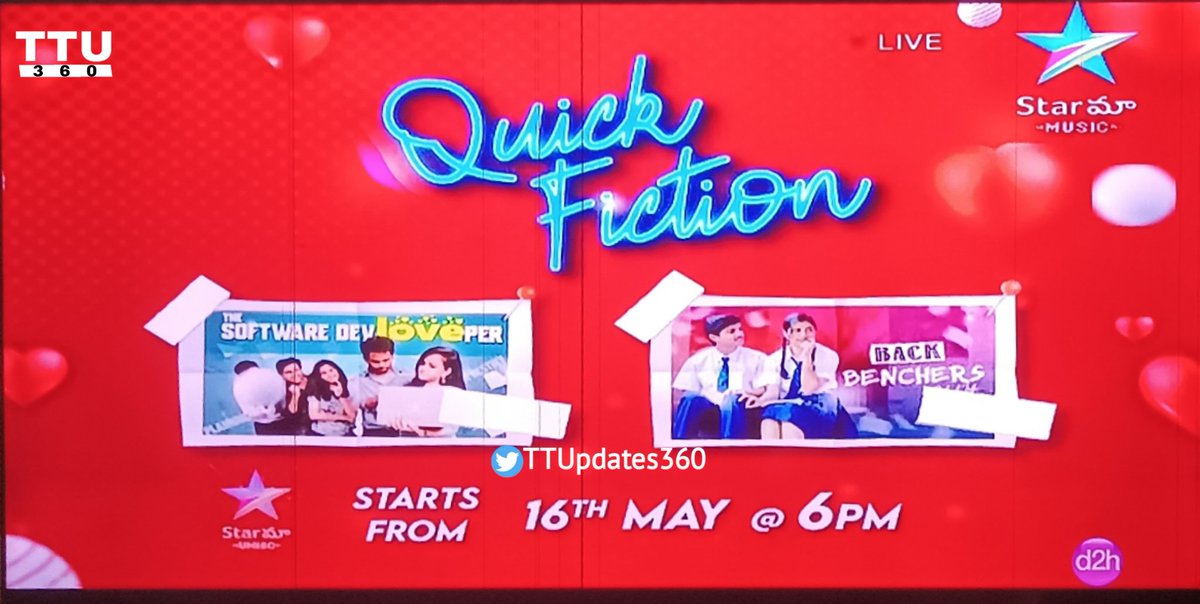 TTUpdates360's tweet photo. Quick Fiction from may 16th
#TheSoftwareDevLOVEPer and #BACKBENCHERS
at 06:00PM on @StarMaaMusic
@shannu__7 @iamvaishnavi04 @DorasaiT #INFINITUMMEDIA https://t.co/W62oxjZ5d8