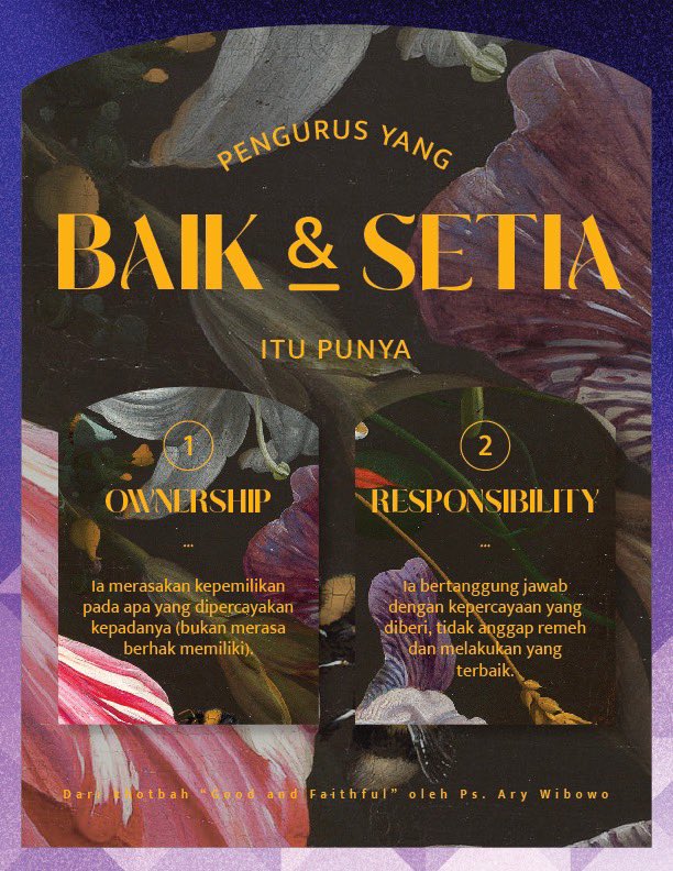 JPCC's tweet photo. Stewardship adalah mengurus apa yang Tuhan percayakan dalam hidup kita. Hamba yang baik bertanggung jawab atas harta yang dipercayakan dan melakukan yang terbaik untuk memelihara dan mengusahakannya; meningkatkan nilai dan fungsinya.
#GoodandFaithful
#JPCCSermonNote https://t.co/nxiKR8gW7M