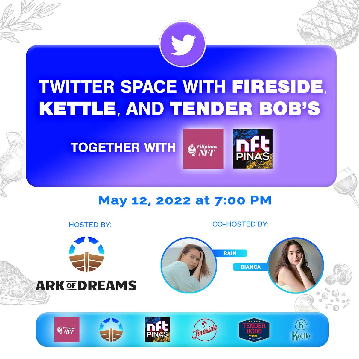 arkofdreams's tweet photo. Join us this May 12 on a Twitter Space titled “Food Trip In Metaverse” where we have invited the brand owners of Meat Specialist Group.

Let's have another intense conversation about Metacommerce
together with @NftPinas and @FilipinasNFT   🔥 

#ArkOfDreams #NFTs https://t.co/sWondHv7IJ