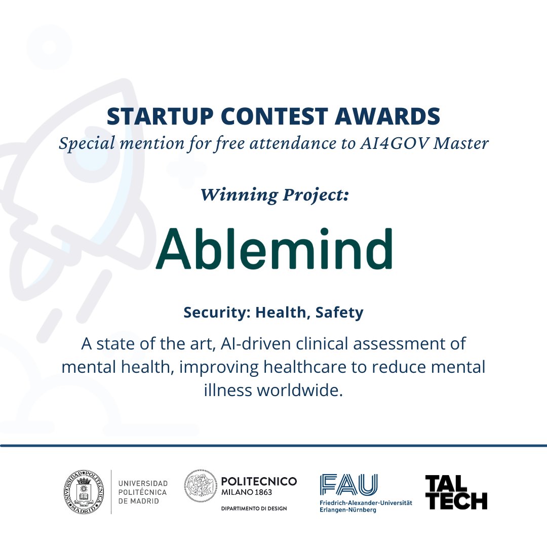 ai4gov_eu's tweet photo. Pleased to announce the winning projects of the #AI4GovStartupContest.
(4/5)
-
Meet #Ablemind, a special mention for free attendance to AI4GOV Master for their project focused on AI-driven clinical assessment of mental health, to reduce mental illness worldwide. https://t.co/UkssLpJHhE