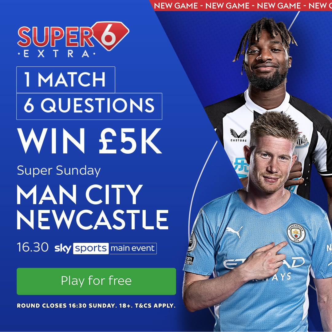 Super6's tweet photo. Newcastle United travel to the Etihad for today's #Super6Extra ποΈ
1β£ Match
6β£ Questions
Entries by 4:30pm for your shot at Β£5,000 π° #MCINEW