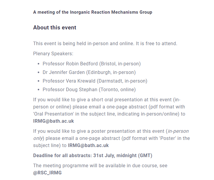 Announcement: A meeting of the RSC Inorganic Reaction Mechanisms Group. University of Bath. 13-14th Sept. For more details, abstract submission and registration, see eventbrite.com/e/inorganic-re…