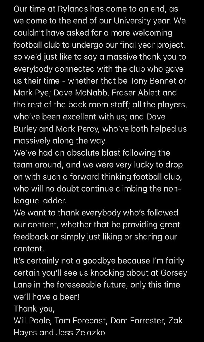 rylandsroundup's tweet photo. Just a quick message to everybody associated with @RylandsFC...

We’d like to take the time thank everybody for their help over the past eight months, it’s been a pleasure! 

#WeAreRylands #RylandsRoundUp https://t.co/9XaQGbBbTq