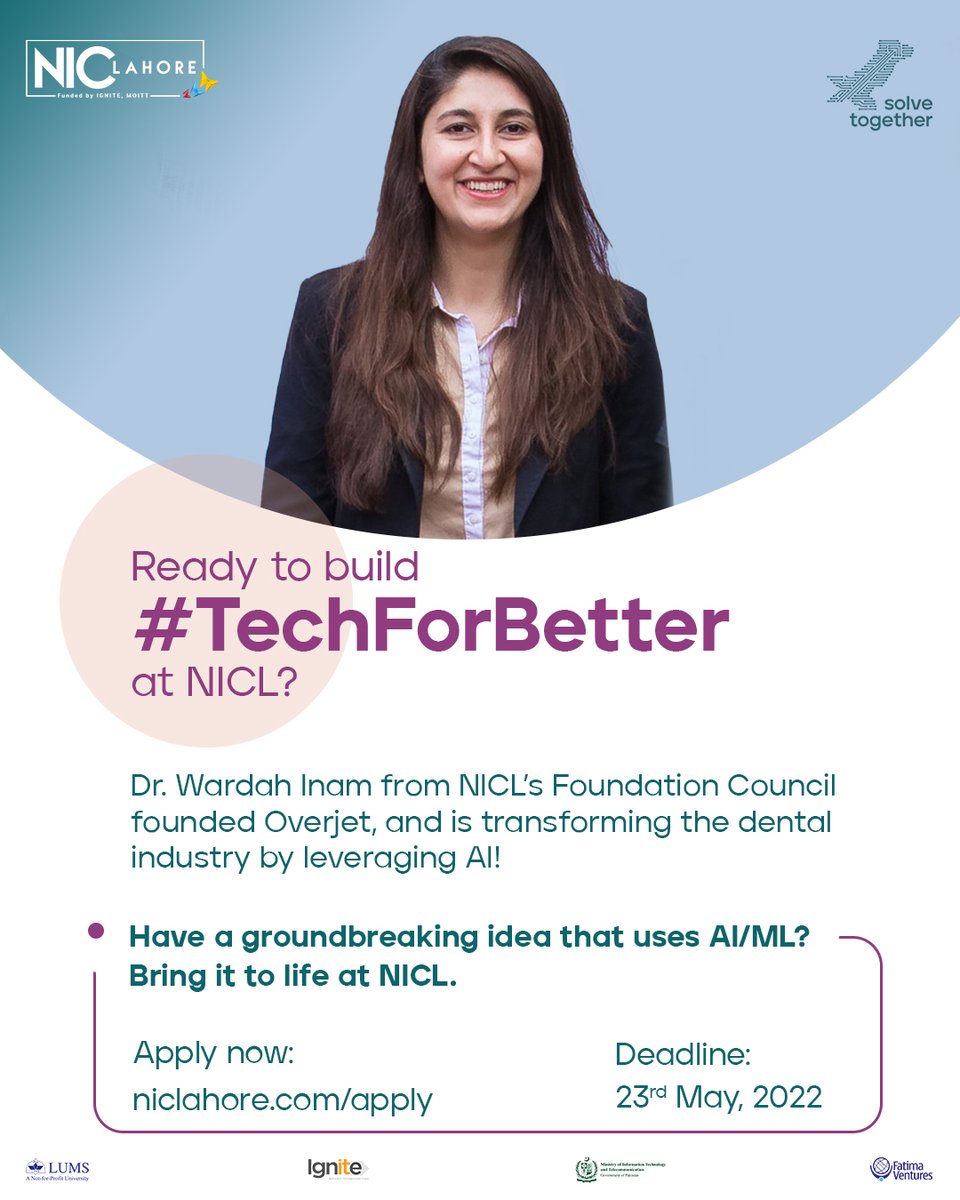NICLahore's tweet photo. Have a start-up that leverages #AI to affect change?
Take cue from Dr. Wardah Inam; her venture @OverjetDental, uses AI to improve oral healthcare for all & has raised over $77.4M in venture funding!
Ready to build #TechForBetter at NICL? Apply now: https://t.co/dkvkbPmEWM https://t.co/s6MS5nyH96